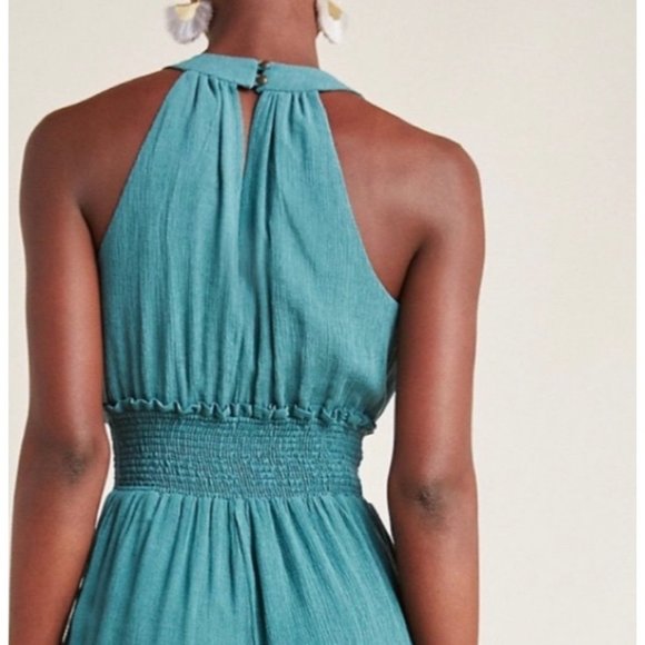 By Anthropologie Green Bionda Plisse Wide Leg Jump Suit Size Medium Petite - Picture 3 of 11